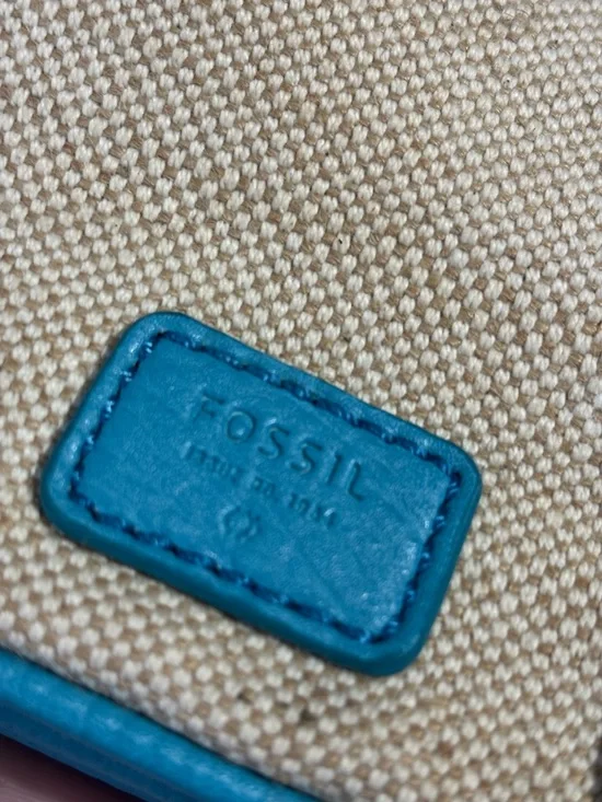 Fossil Blue Leather Cream Canvas Crossbody Shoulder Bag Purse Gold Hardware - Picture 7 of 9